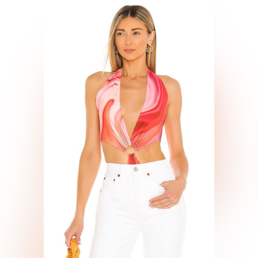 Farai London Gaia Bodysuit in Pink - Halter Cut Out Ring Summer Top Large
